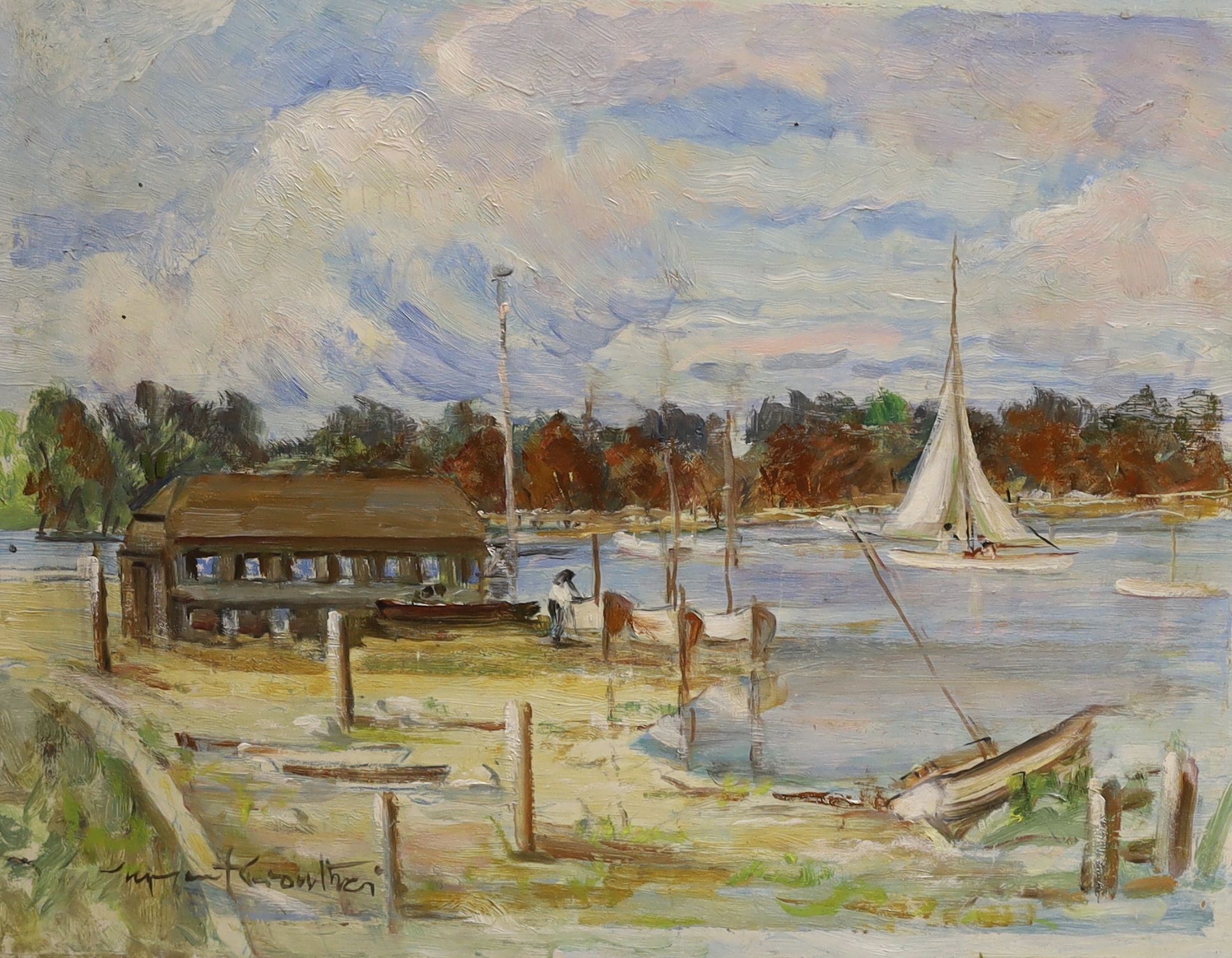 Stephen Crowther (1922-), oil on board, Yachts in harbour, signed, 40 x 51cm, unframed